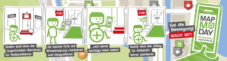 Grafik: MapMyDay-Comic mit Figur Wheely, das die Nutzung von wheelmap.org erklärt