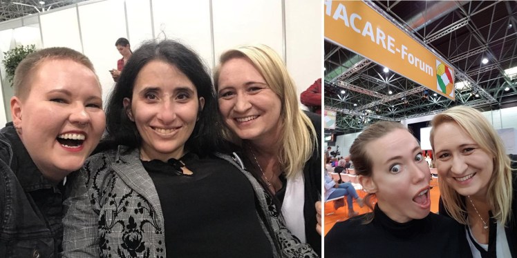 Fotocollage: Foto 1 zeigt Laura M. Schwengber, Sima Surkamp und Nadine lachen gemeinsam in die Kamera. Foto 2: Laura Gehlhaar und Nadine machen ein lustiges Selfie zusammen.