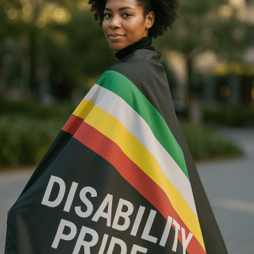 Person of Color ohne sichtbare Behinderung trägt eine Disability Pride Flag über der Schulter